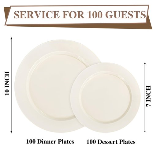 I00000 200 Pcs Ivory Plastic Plates, Disposable Party Plates Include 100 Ivory Dinner Plate 10’’ and 100 Plastic Dessert Plate 7’’ Perfect for Birthday, Party & Wedding