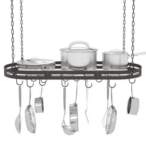 33” Hanging Pot Rack Ceiling Mount, Black Metal Pan Rack Hanging with 15 Hooks, Oval Pots and Pans Hanging Rack, Ceiling Hanging Pot Racks with Grid, Pan and Pot hangers for Kitchen Cookware Utensils