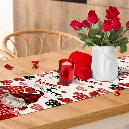 Valentine Red Buffalo Plaid Gnomes Heart Table Runner 13x72 Inch, Linen Love Kitchen Dining Table Decoration for Home Party Holiday Wedding Anniversary