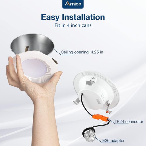 Amico 4 inch 5CCT LED Recessed Lighting 1 Pack, Dimmable, Damp Rated, 9W=60W, 650LM Can Lights with Baffle Trim, 2700K/3000K/4000K/5000K/6000K Selectable, Retrofit Installation - ETL & FCC Certified