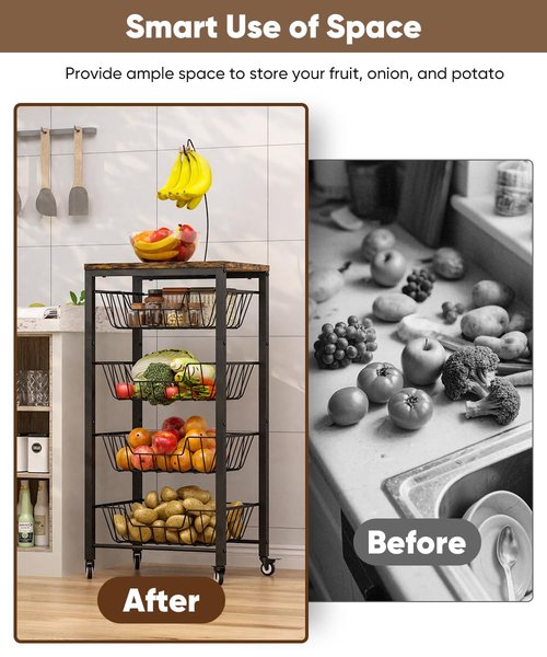 Tigerden Fruit Vegetable Storage Cart for Kitchen, 5-Tier Vegetable Stand Rack with Pull-Out Fruit Baskets, Rolling Snack Cart with Wood Top & Banana Holder for Pantry, Living Room, Bathroom, Black