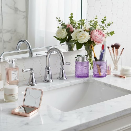Tonxus Purple Bathroom Accessory Set, Glass Foam Soap Dispenser and Toothbrush Holder Set, Bathroom Soap and Toothbrush Holder Set, Glass Foaming Hand Soap Dispenser for Countertop Decor