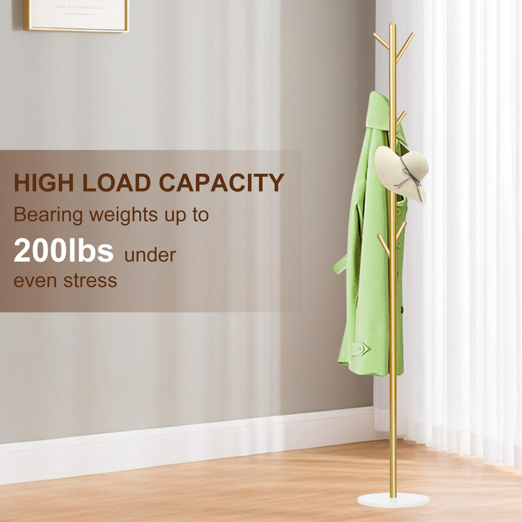 Wtiujhg Coat Rack, Metal Freestanding Coat Rack with 8 Hooks, Sturdy Coat Tree with Natural Marble Base for Coats, Hats, Scarves and Handbags for Entryway, Hallway, Bedroom, Office,Dorm (Gold)