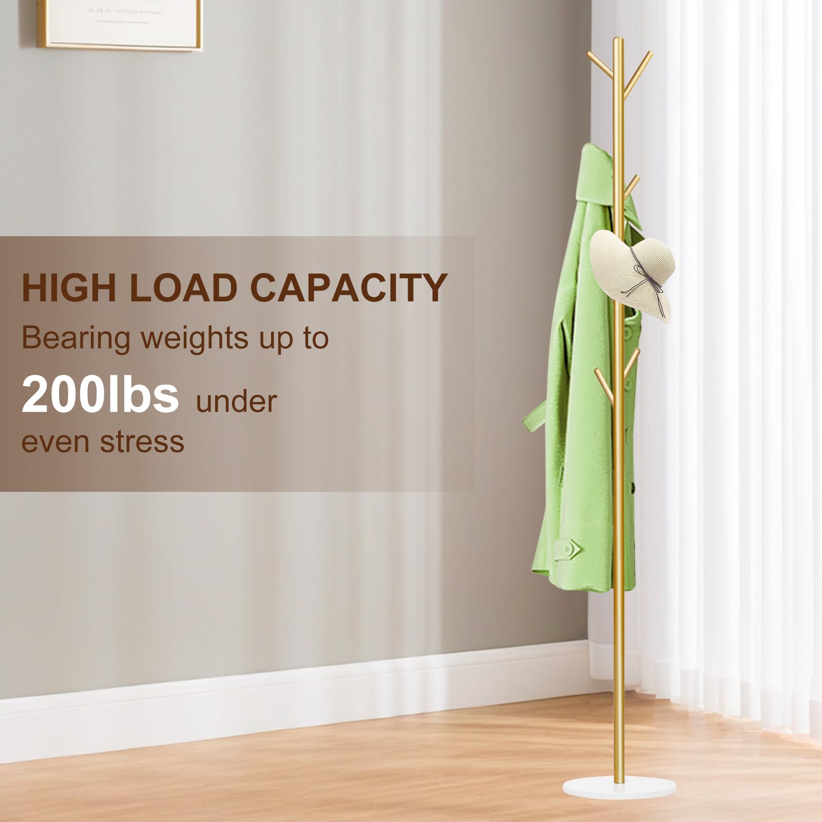 Wtiujhg Coat Rack, Metal Freestanding Coat Rack with 8 Hooks, Sturdy Coat Tree with Natural Marble Base for Coats, Hats, Scarves and Handbags for Entryway, Hallway, Bedroom, Office,Dorm (Gold)