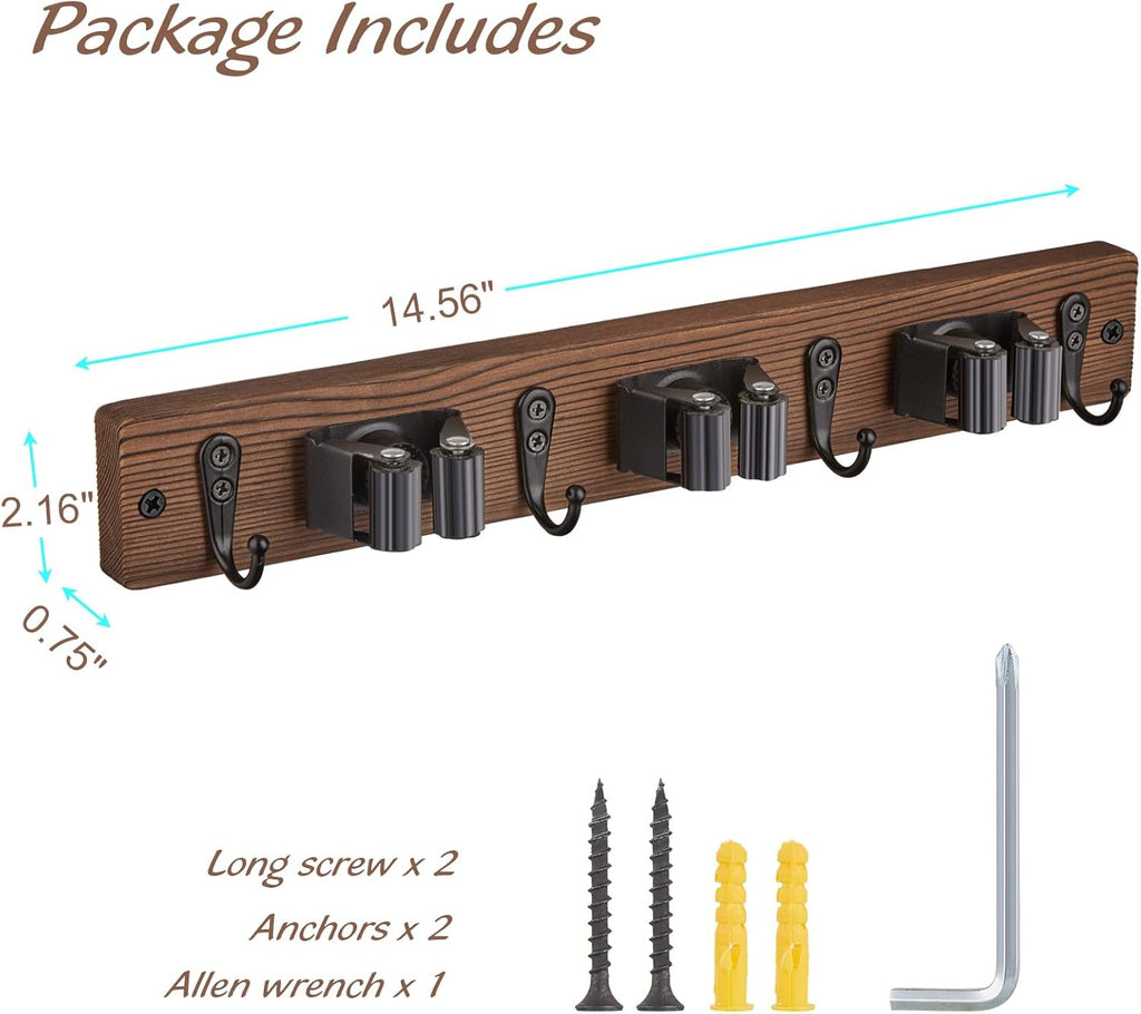 OUTNILI Mop Broom Holder Wall Mount - 2 Pack Rustic Wood Organizer with 3 Slots & 4 Hooks for Kitchen & Garden