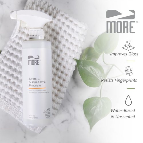 MORE - Stone & Quartz Polish - For Granite, Marble, & Natural Stone Countertops - Spray & Wipe Streak-Free - Water-Based Formula - Marble & Granite Polish - For Indoor & Outdoor Stone - 16 oz