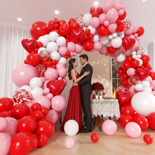 EICUECUE Valentines Day Balloons Garland Arch Kit - Different Size Red Pink White Balloons and Heart Foil Balloons for Valentine's Day Galentine's Day Engagement Anniversary Party Decoration Supplies