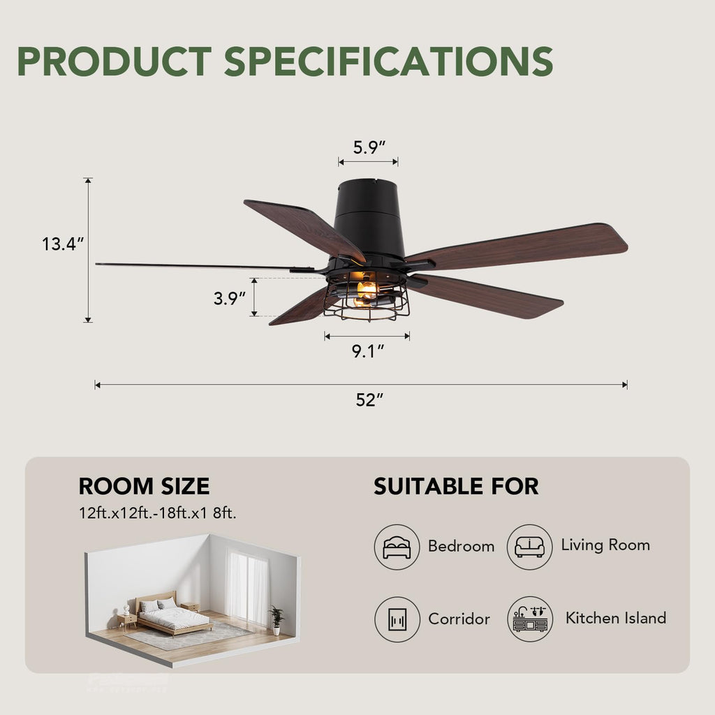 SPACORA 52 Inch Ceiling Fans with Lights, Farmhouse Ceiling Fan with Lights and Remote, Noiseless DC Motor, Black Flush Mount Ceiling Fan for Bedroom Living Room Indoor
