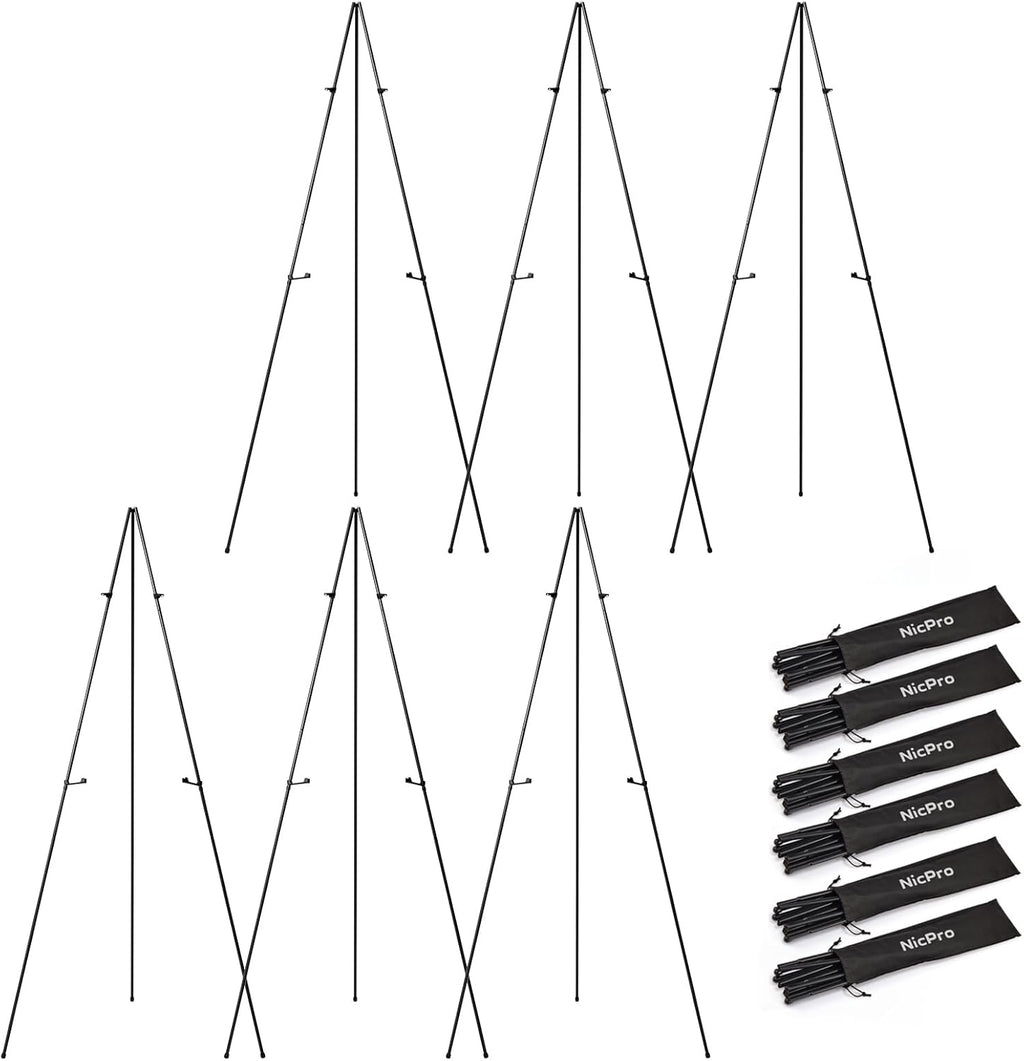 Nicpro Art Folding Easels - 63-Inch Metal Tripod Display Stands, 6 Pack, Collapsible with Carry Bag | Black