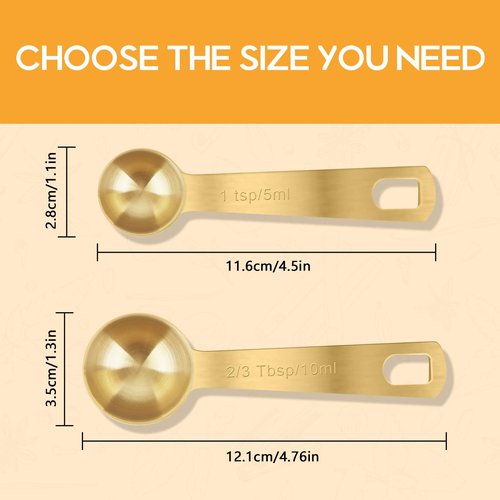 2 PCS 1 Teaspoon(5 mL, 1tsp, 1/3tbsp) Stainless Steel Single Measuring Spoon, Easy to Use and Easy to Wash Metal Measuring Scoop Kitchen Gadgets for Cooking & Baking(Gold)