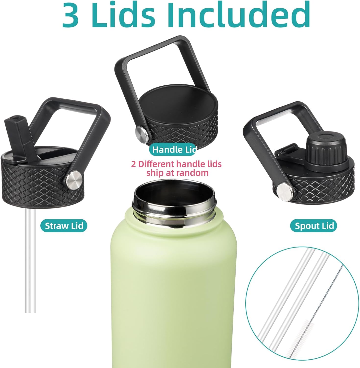 Skiennix 40oz Insulated Water Bottle - Stainless Steel Sport Bottle with 3 Lids | Macaron Green