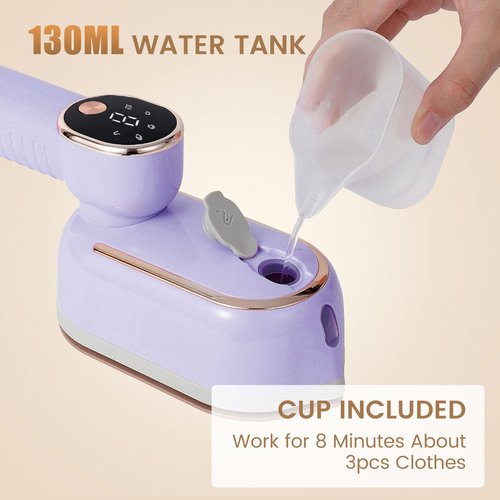Portable Clothing Steamer, 1000W Clothing Wrinkle Remover, 3+1 Steam Adjustment Multifunctional Hanging Iron with LED Digital Display Screen, 130ml, with Water Shortage Warning, Safe Use (Purple)