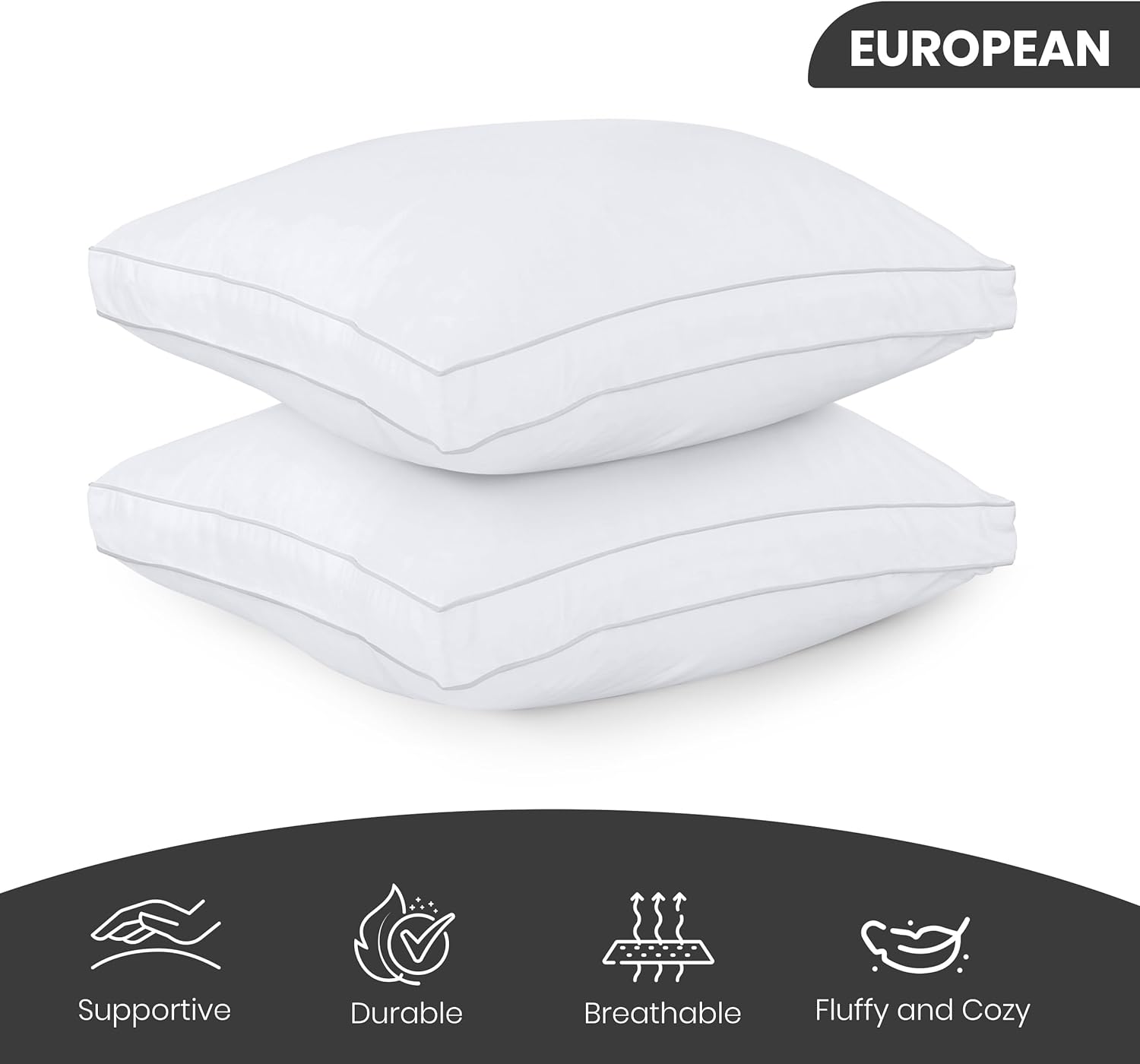 Utopia Bedding Bed Pillows - Soft & Fluffy Down Alternative | European Size Set of 2, Cooling Gusseted Design
