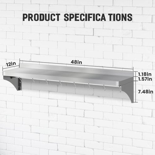VENFAN 48" x 12" Stainless Steel Shelf Wall Mounted | Heavy-Duty Commercial Stainless Steel Shelf Storage with 8 Hooks for Kitchen Wall, Restaurant, Garage and Microwave Oven