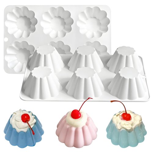 Fchil Silicone Pudding Mold, 6-Cavity Nonstick Jello Dessert Making Tray, Custard Mold for Mousse Cake, Set of 2, White