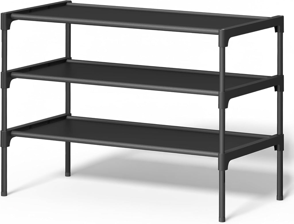 SONGMICS 3-Tier Shoe Rack - Space-Saving Organizer with Metal Frame & Non-Woven Fabric Shelves | Ink Black, 11.7 x 24.5 x 21 Inches
