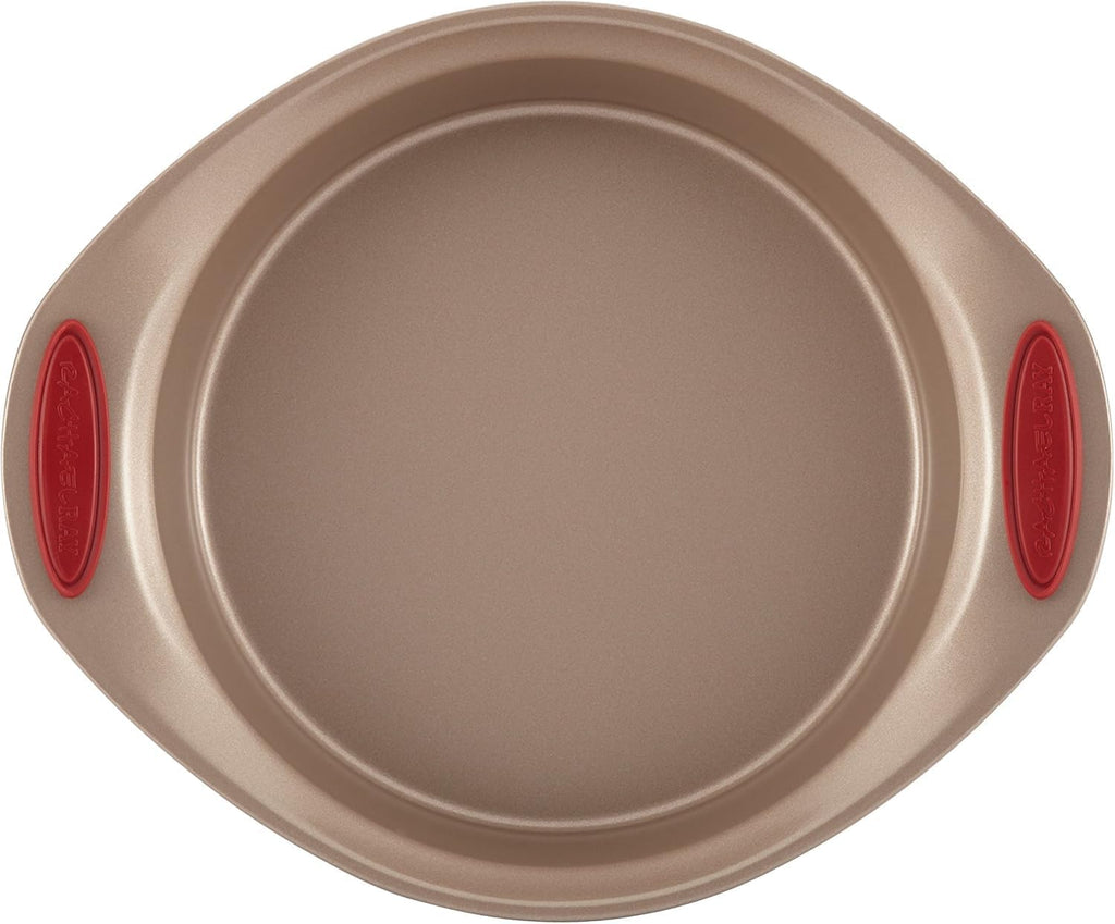 Rachael Ray Cucina Nonstick Bakeware Set - 10-Piece Baking Essentials in Latte Brown with Cranberry Red Grips