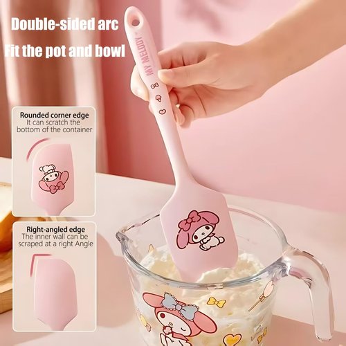 Cartoon Kitty silicone spatula, long handle non-stick rubber, heat-resistant, suitable for cream, jam, blenders, and applicable for cooking and baking (White KT)