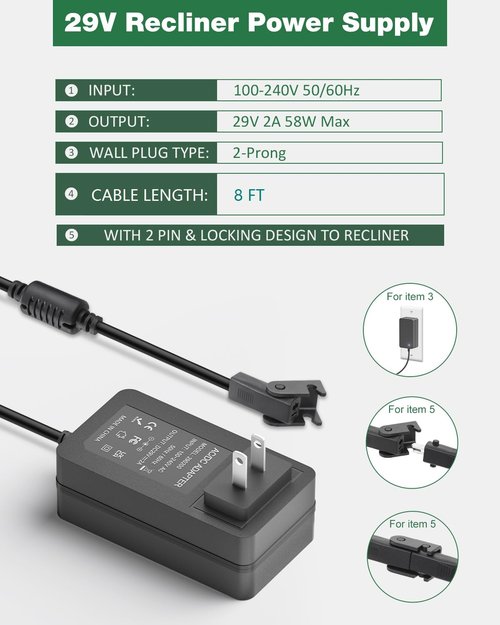 Recliner Power Supply, 29V, 2A, Replacement Recliner Power Cord, Universal 2 Pin Electric Recliner Power Cord for Recliner Chair Adjustable Bed Base Reclining Sofa Couch Standing Desk Furnitures