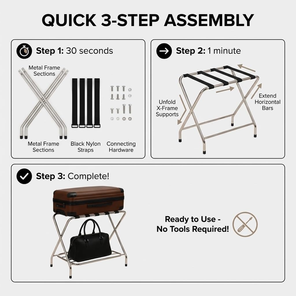 USTECH Luggage Rack double tier for Guest Room ,Chrome, Foldable Suitcase Stand with Straps,self assemble – Heavy Duty Luggage Stand for Bedroom, Hotel, or Closet Storage(Pack of 1)