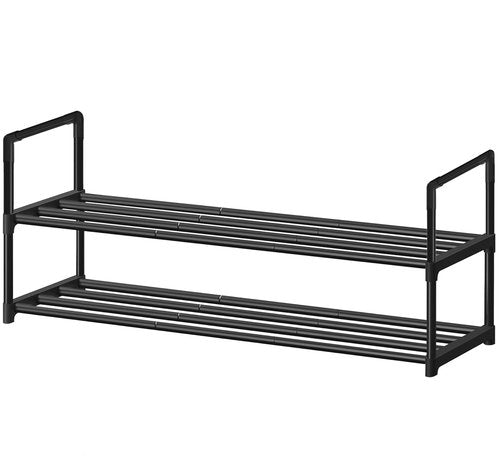XSBAIHUO Shoe Rack - Metal Shoe Rack Organizer - Stackable Shoe Storage Shelf for Entryway, Closet, Bathroom 30cm(D) x 92cm(W) x 55cm(H) -Black (2-Tier)