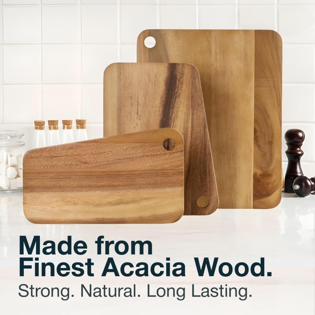 Sango Acacia Cutting Board Set - 3-Piece Slant Edge & Hanging Holes | Stackable, Reversible, Non-Toxic