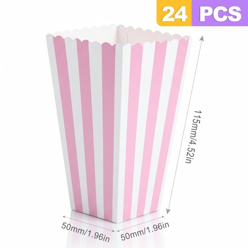 ZeriLion 24 Pack Pink Popcorn Boxes | Striped Pink and White Popcorn Containers | for Movie Night, Party Favors