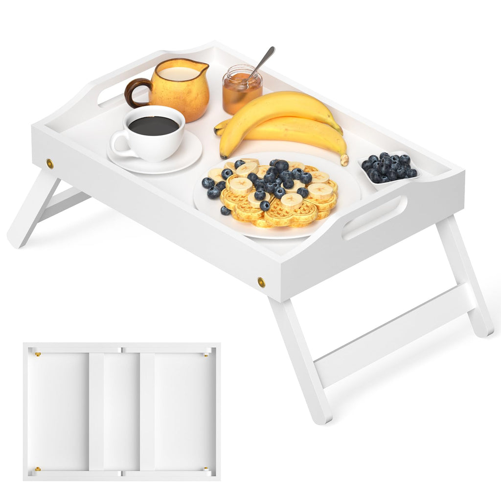 Mayyol Breakfast Bed Tray for Eating - Foldable Food Laptop Table - Portable Bamboo Raised Serving Tray - Snack Platter with Folding Legs, Eating for Bedroom, Picnic, Sofa - Black