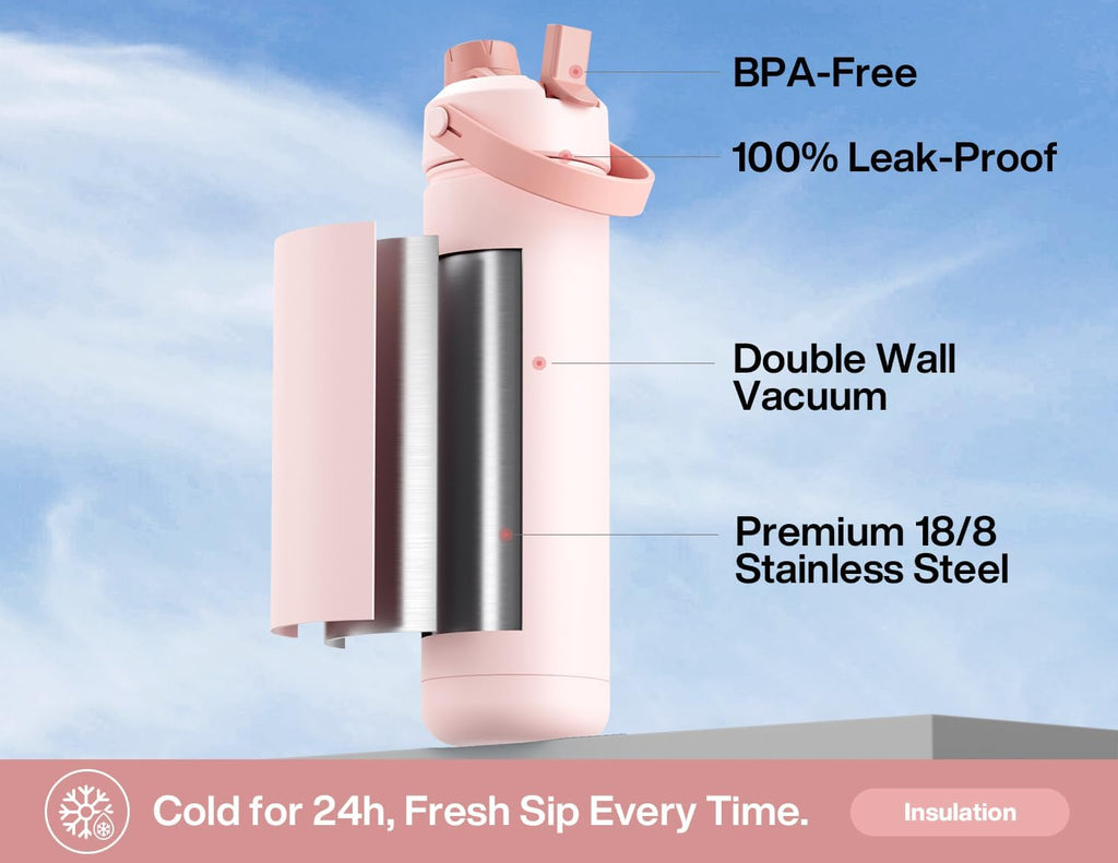 POWCAN 26 oz Insulated Water Bottle - 2-in-1 Straw & Spout Lid, Leak-Proof, Fits Car Cup Holder | Rosy Bouquet