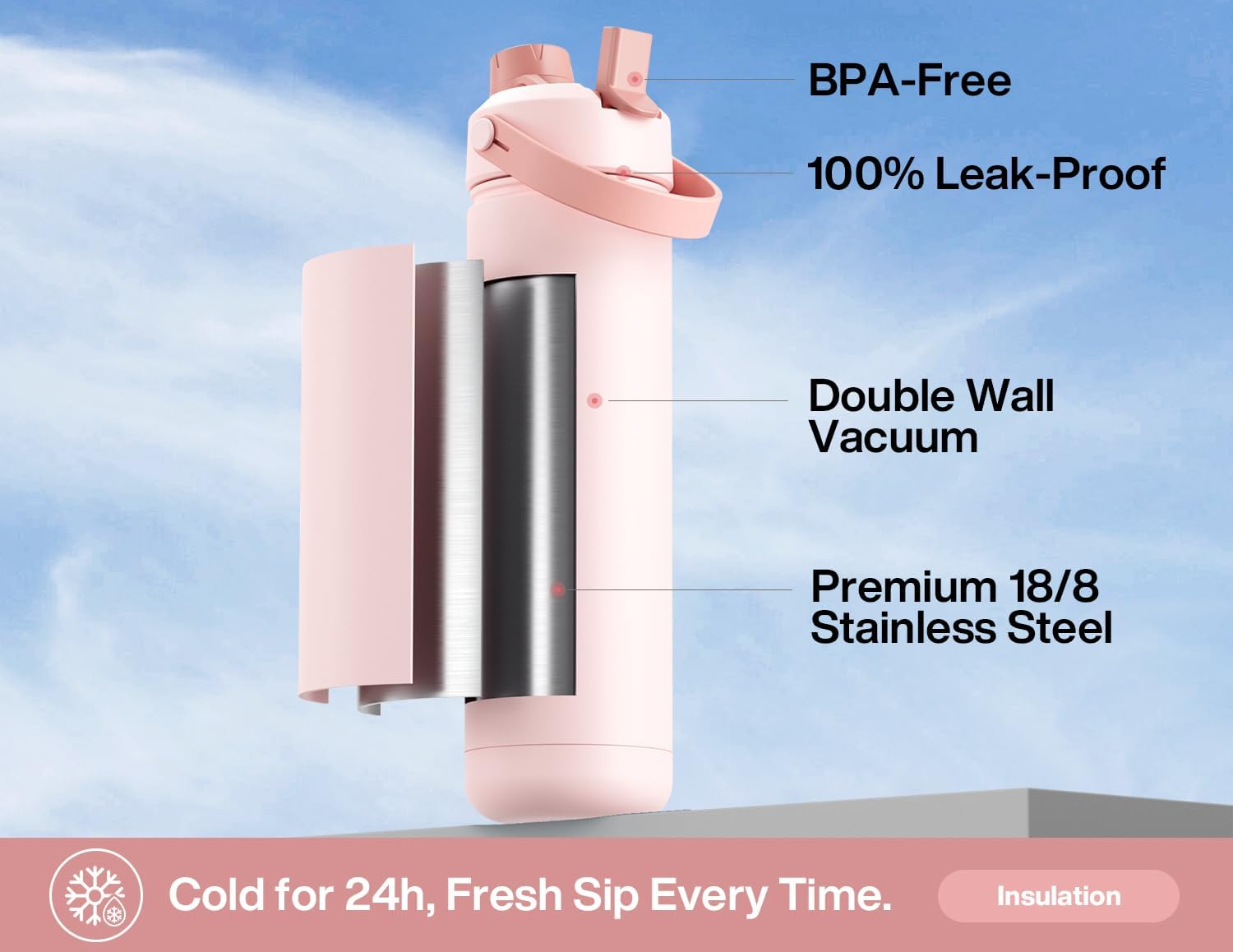 POWCAN 26 oz Insulated Water Bottle - 2-in-1 Straw & Spout Lid, Leak-Proof, Fits Car Cup Holder | Kiss Me Berry