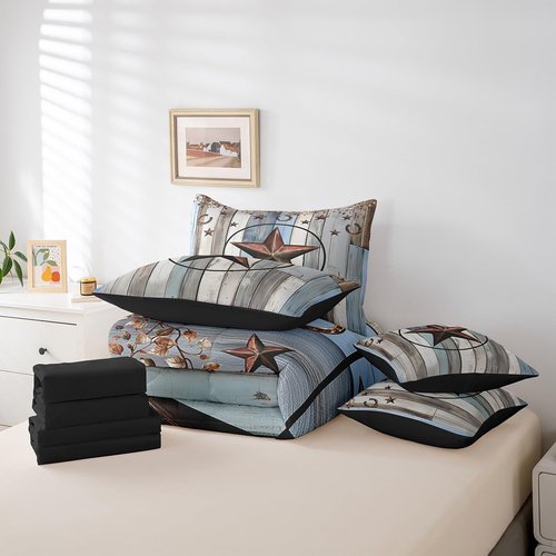 Western Texas Star Sheet Sets 7 Piece, Rustic Farmhouse Comforter Set Queen Size, Retro Cowboy Bedding Set For Kids Teens Adult Men Bedroom, Country Wooden Door Bed In A Bag Western Home Decor
