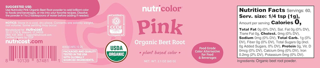 Nutricost Pink Plant-Based Food Coloring - Organic Beet Root Powder | 60 Servings for Food & Beverages
