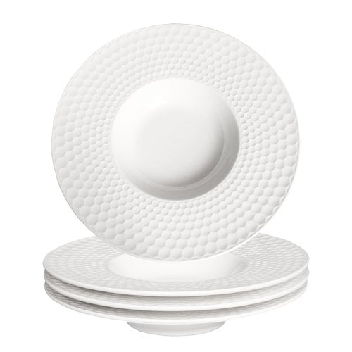 Creative home decor ceramic wide-rimmed soup bowls/plates, 5.3 oz pasta bowl set of 4, white embossed bowls and plates with rims, perfect for upscale restaurants, hotels and gourmets.
