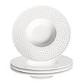 Creative home decor ceramic wide-rimmed soup bowls/plates, 5.3 oz pasta bowl set of 4, white embossed bowls and plates with rims, perfect for upscale restaurants, hotels and gourmets.