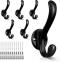 Skiennix 6 Pack Coat Hooks - Heavy Duty Retro Double Hooks for Coats, Hats, Towels & More | Black