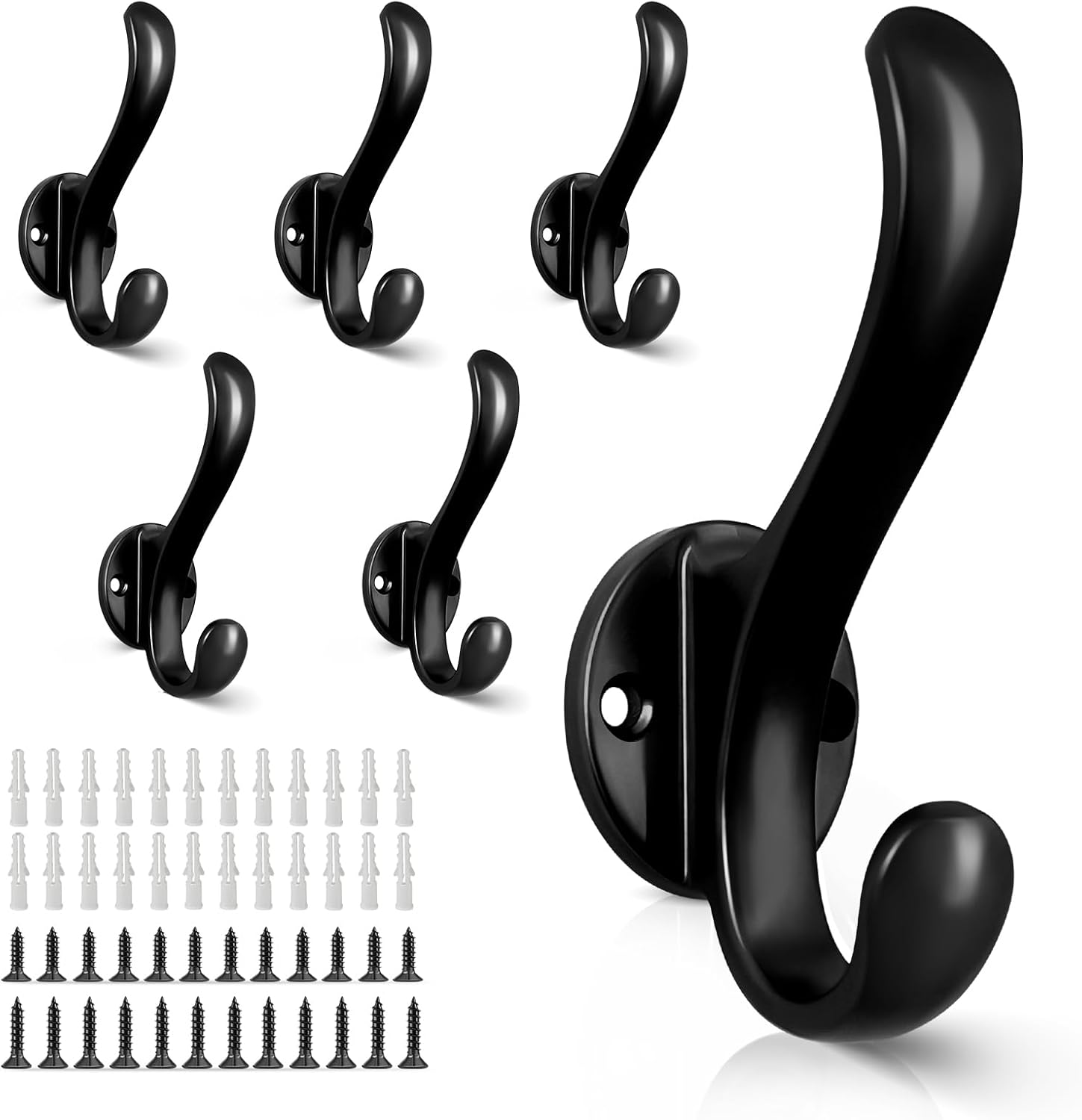 Skiennix 6 Pack Coat Hooks - Heavy Duty Retro Double Hooks for Coats, Hats, Towels & More | Black