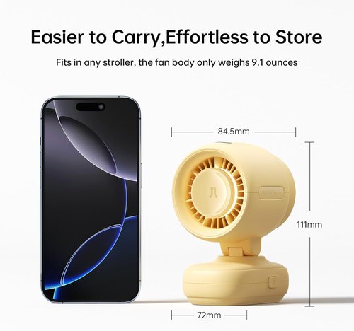 JISULIFE Stroller Fan - Compact & Stylish 38H Cooling with Soft Night Light | One-Click Detachable for Travel & Nursery (Yellow)