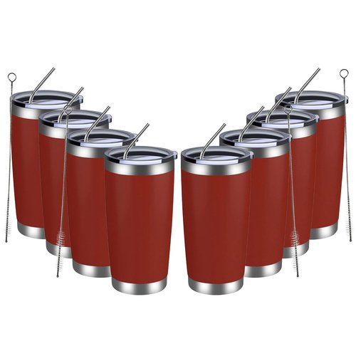 MEWAY 20oz Tumbler 8 Pack Double Wall Vacuum Insulated Travel Mug Bulk, Stainless Steel Tumblers with Lid and Straw, Powder Coated Coffee Cups for Cold & Hot Drinks (Red, Set of 8)
