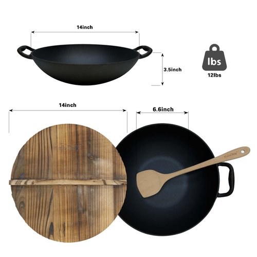 Keleday Flat Bottom Cast Iron Wok with Lid 14 Inch,Pre-Seasoned Best Non Toxic Wok,Chinese Japanese Wok double handle for Induction and Open Fire