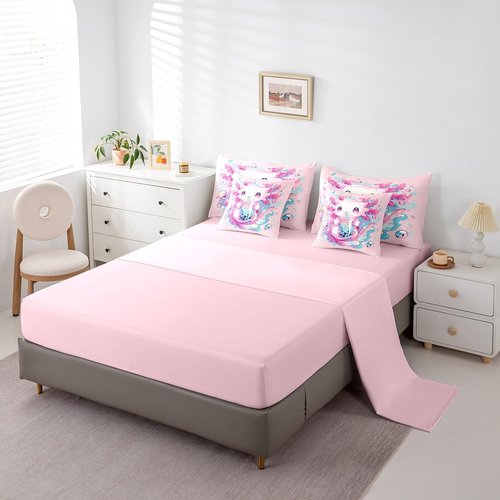 Erosebridal Axolotl Comforter Cute Salamander Pattern Kawaii Bedding Set 7 Pieces Twin Size Sweet Dessert Milk Tea Sheet Set Ocean Beach Coastal Flat Sheet for Kids Girls Boys Bedroom Decor,Pink