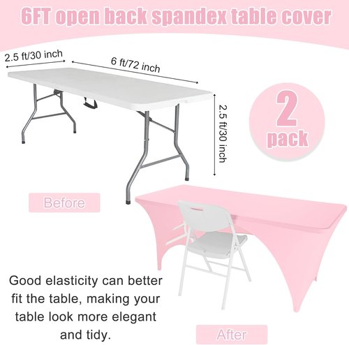Fivenl Spandex Rectangle Tablecloths - 2 Pack Washable Fitted Covers for 6FT Tables | Open Back Pink