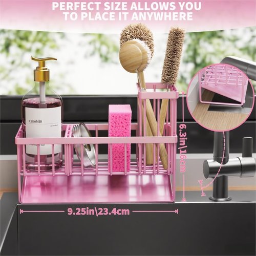 Cisily Kitchen Sink Caddy Organizer - Rustproof Stainless Steel with Brush & Sponge Holder | Pink
