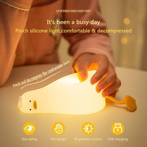 QEBTRIR Fun LED Lying Flat Duck Night Light Silicone Dimmable Nursery Nightlight Rechargeable Bedside Touch Lamp for Breastfeeding Cute Squishy Duck Lamp for Baby Kids Room Decor (Duck), K-1096