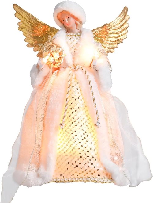 Bdor 14 Inch Christmas Tree Topper Angel - Elegant White & Gold Figurine with Lighted Wings for Holiday Décor