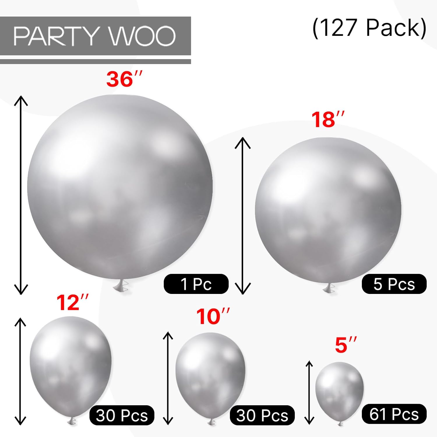 PartyWoo Silver Balloon Arch Kit - 127pcs in Various Sizes for Birthday & Graduation Celebrations | Elegant Silver Decor