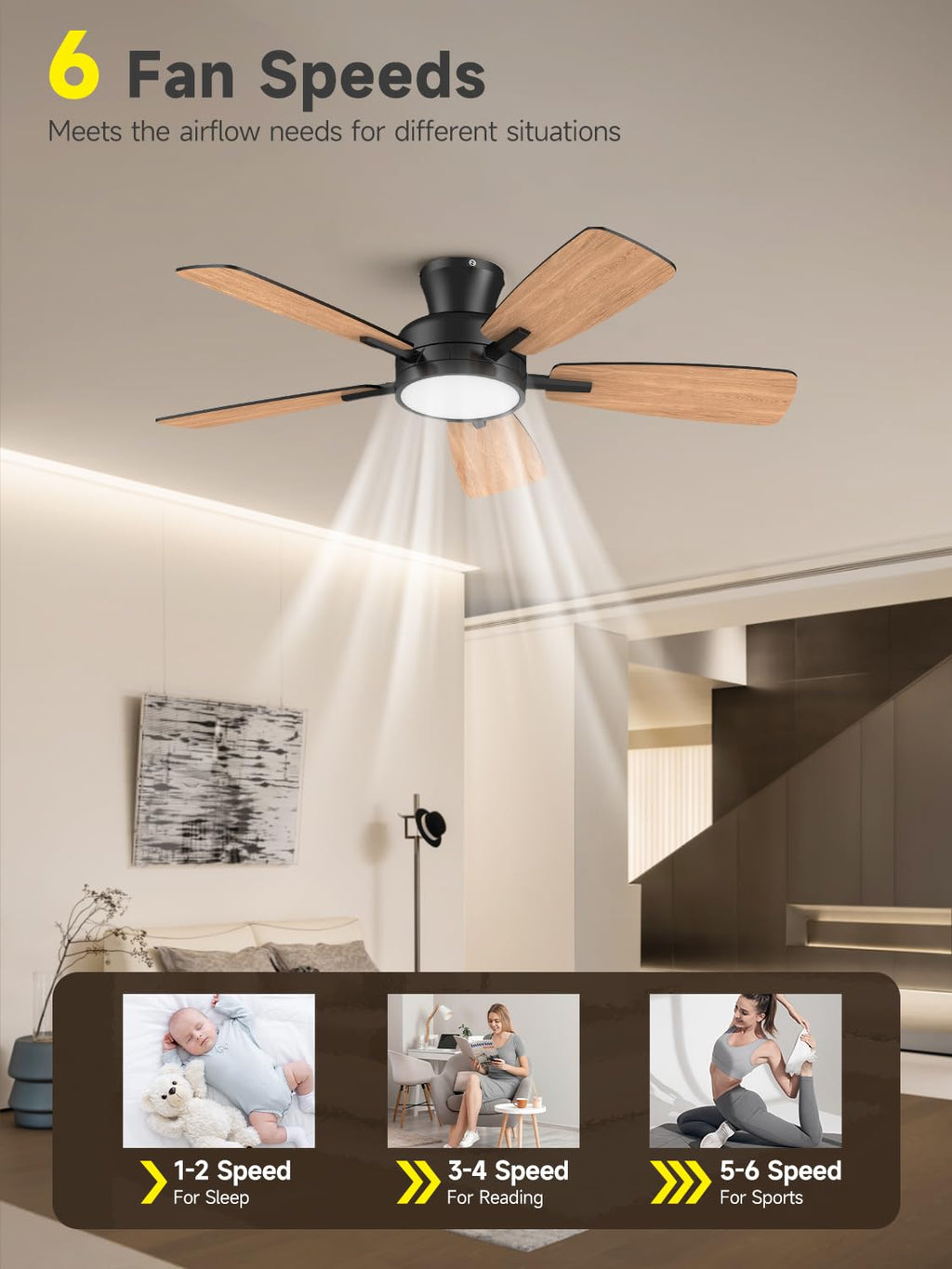 TALOYA Ceiling Fans with Lights and Remote, 46 Inch Low Profile Ceiling Fan with Light, Flush Mount, Reversible, 3CCT, Dimmable Black Modern Ceiling Fan for Bedroom, Living Room, Outdoor Patio