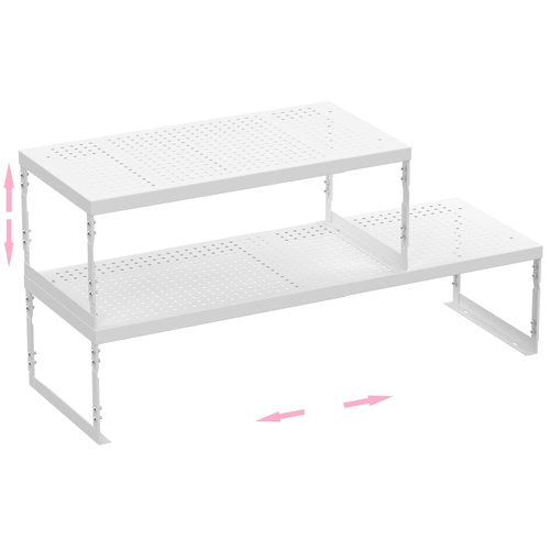Asiingkel Stackable Expandable Metal Shelf Organizer - Adjustable Wire Storage Rack with Holes for Kitchen, Bathroom, Cabinet, Office - Space Saving, Durable & Sturdy Design（2PACKS/Medium/White