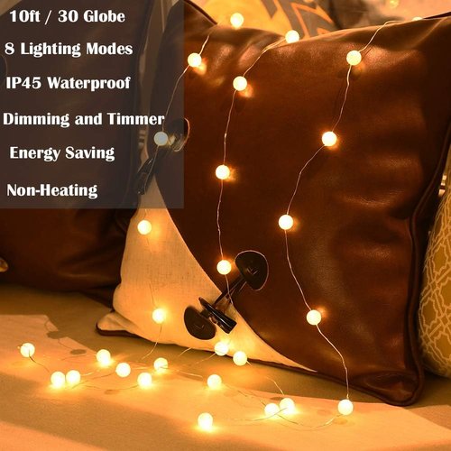 Grandhome Globe String Lights - 10ft 30 LED Warm White Crystal Ball Fairy Lights | Waterproof & Remote Control