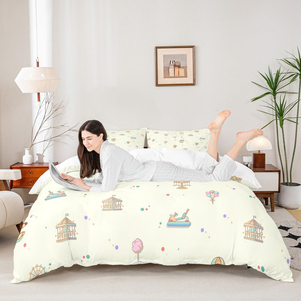 Kid Amusement Park Duvet Cover Twin Size,Hot Air Balloon and Carousel Bedding Set with 1 Pillowcase,Child Theme Comforter Cover for Teens Boys Girls Room Decor,Soft Quilt Cover