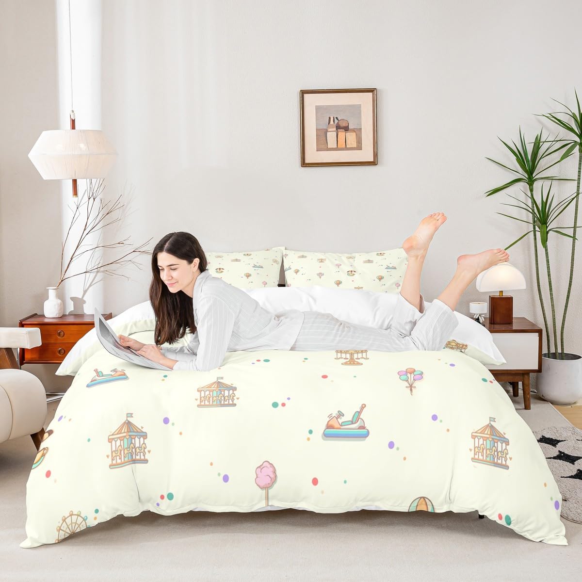 Kid Amusement Park Duvet Cover Twin Size,Hot Air Balloon and Carousel Bedding Set with 1 Pillowcase,Child Theme Comforter Cover for Teens Boys Girls Room Decor,Soft Quilt Cover